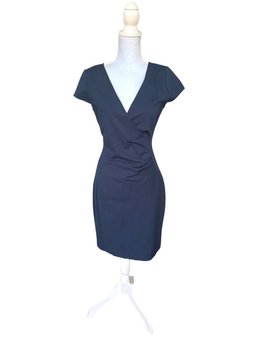 Kenneth Cole V-Neck Cap Sleeve Sheath Dress Navy Back Zip Stretch